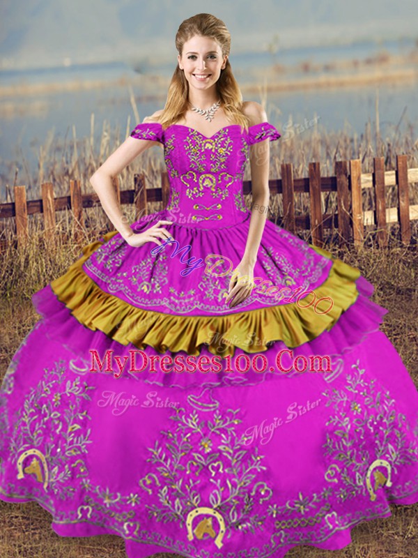 Purple Lace Up Off The Shoulder Embroidery Quinceanera Gowns Organza Sleeveless