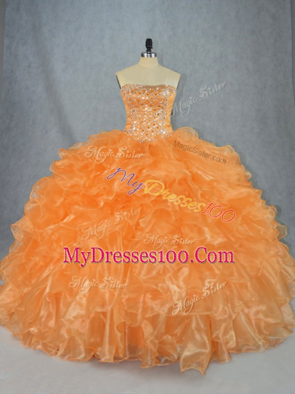 Orange Ball Gowns Beading and Ruffles Quince Ball Gowns Lace Up Organza Sleeveless Floor Length
