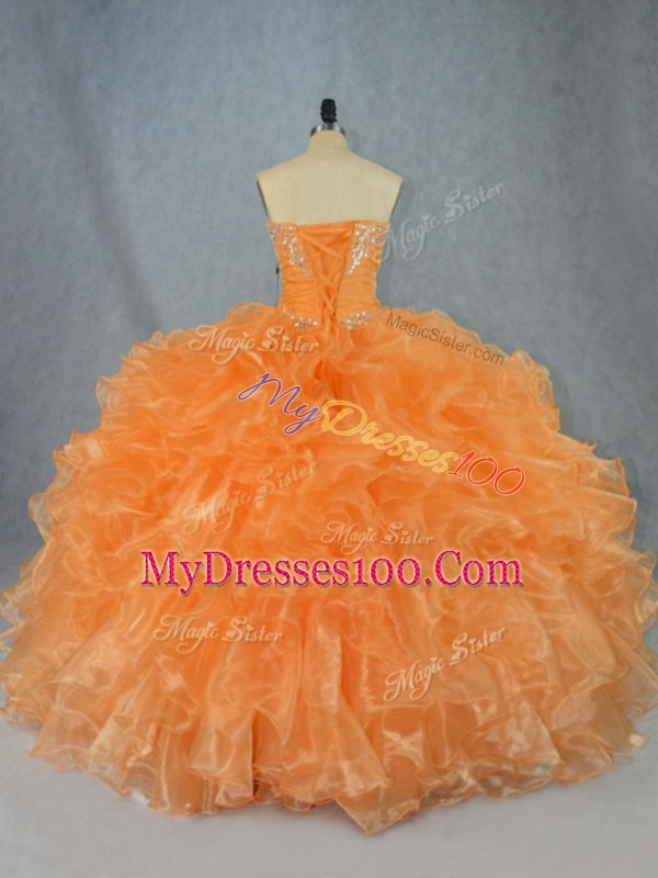 Orange Ball Gowns Beading and Ruffles Quince Ball Gowns Lace Up Organza Sleeveless Floor Length