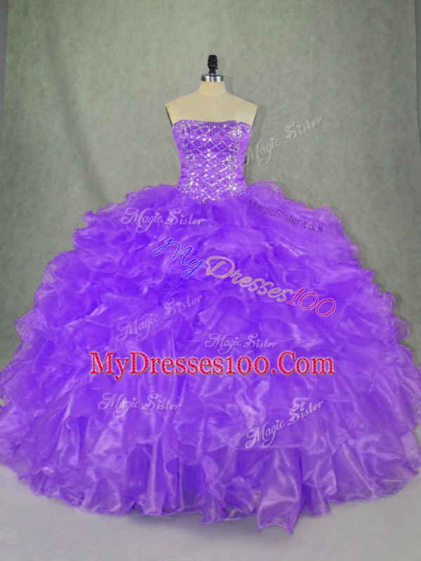 Fantastic Purple Lace Up Strapless Beading and Ruffles Vestidos de Quinceanera Organza Sleeveless
