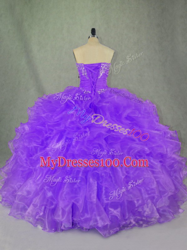 Fantastic Purple Lace Up Strapless Beading and Ruffles Vestidos de Quinceanera Organza Sleeveless