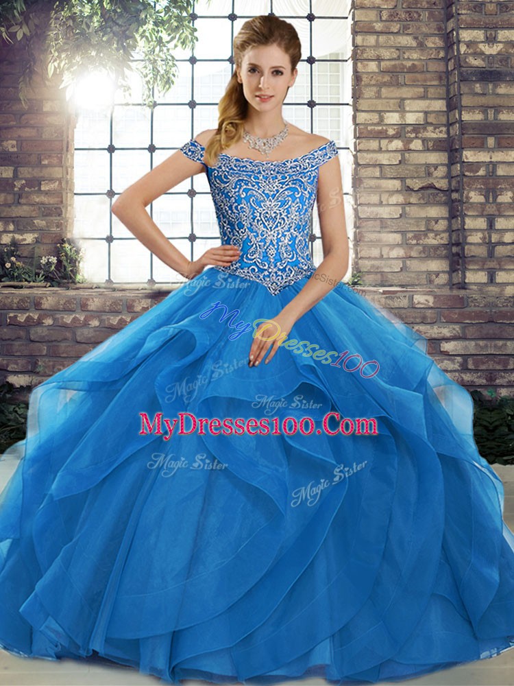 Sleeveless Beading and Ruffles Lace Up Ball Gown Prom Dress with Blue Brush Train