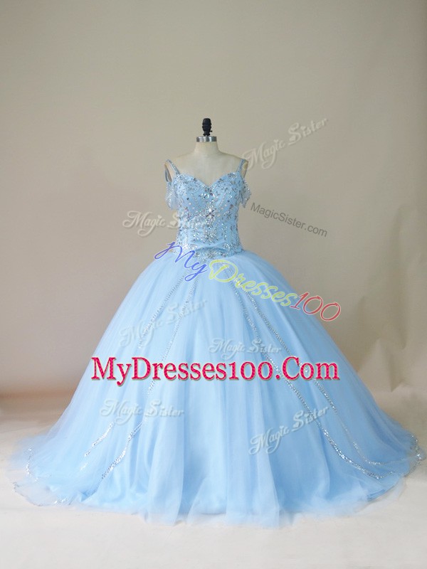 Light Blue Lace Up Quinceanera Gowns Beading Sleeveless Brush Train