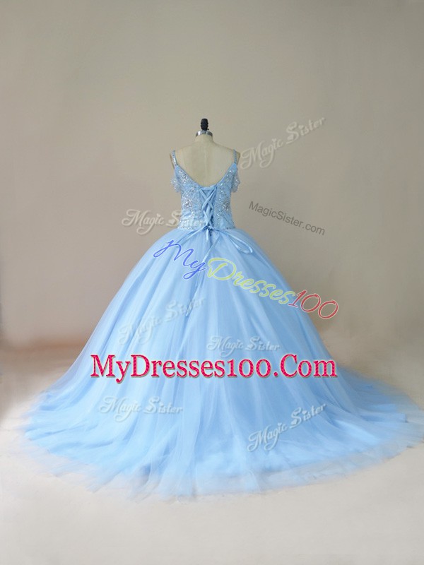 Light Blue Lace Up Quinceanera Gowns Beading Sleeveless Brush Train