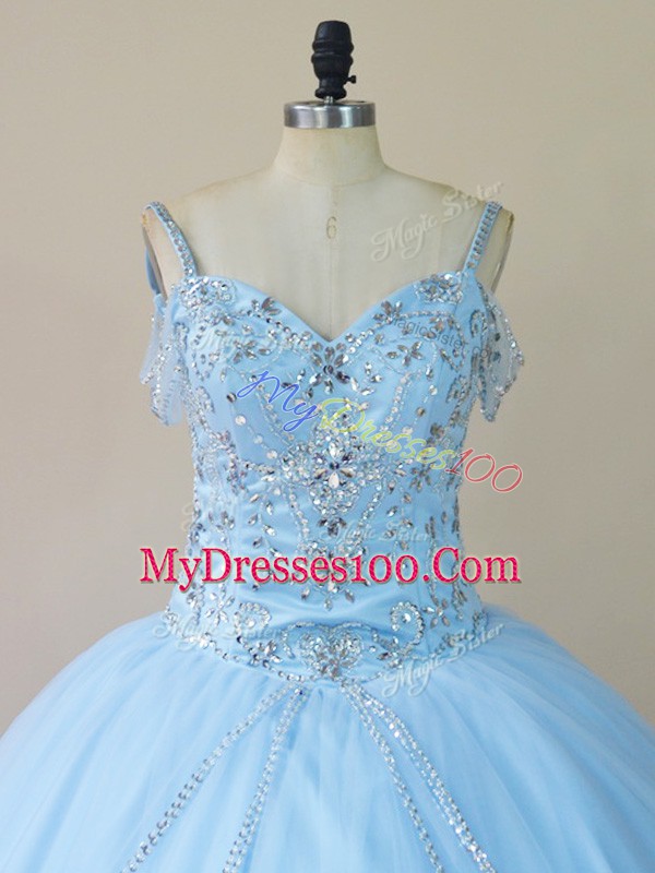 Light Blue Lace Up Quinceanera Gowns Beading Sleeveless Brush Train