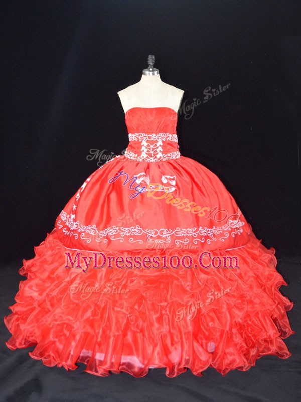 Floor Length Ball Gowns Sleeveless Red Quinceanera Gown Lace Up