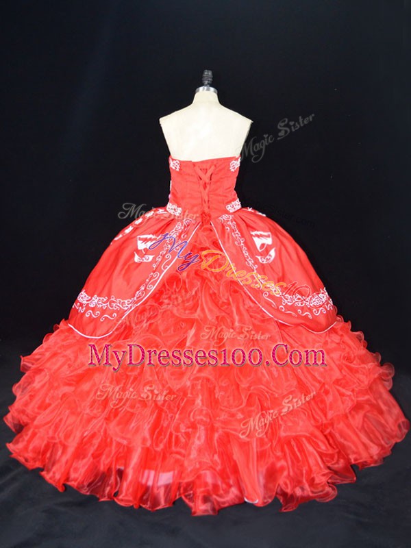 Floor Length Ball Gowns Sleeveless Red Quinceanera Gown Lace Up