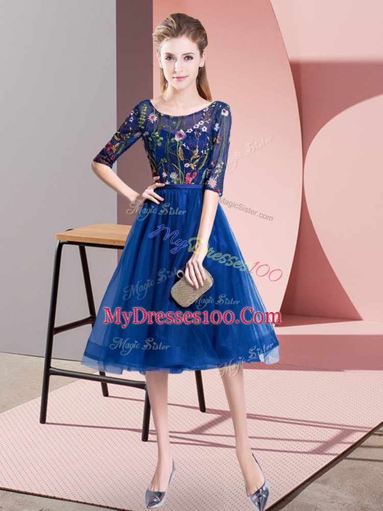 Royal Blue Empire Scoop Half Sleeves Tulle Knee Length Lace Up Embroidery Bridesmaid Dresses