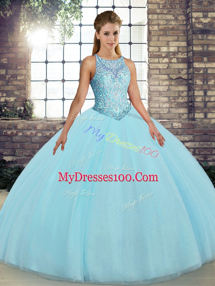 Tulle Scoop Sleeveless Lace Up Embroidery Quinceanera Dresses in Aqua Blue