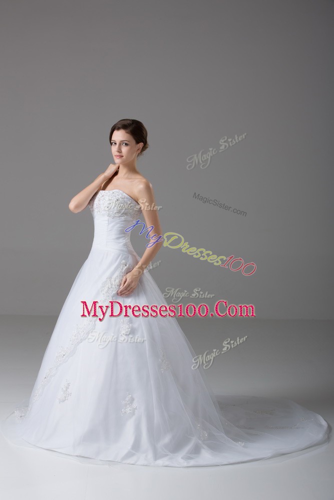 White Strapless Lace Up Beading and Lace Wedding Gowns Brush Train Sleeveless