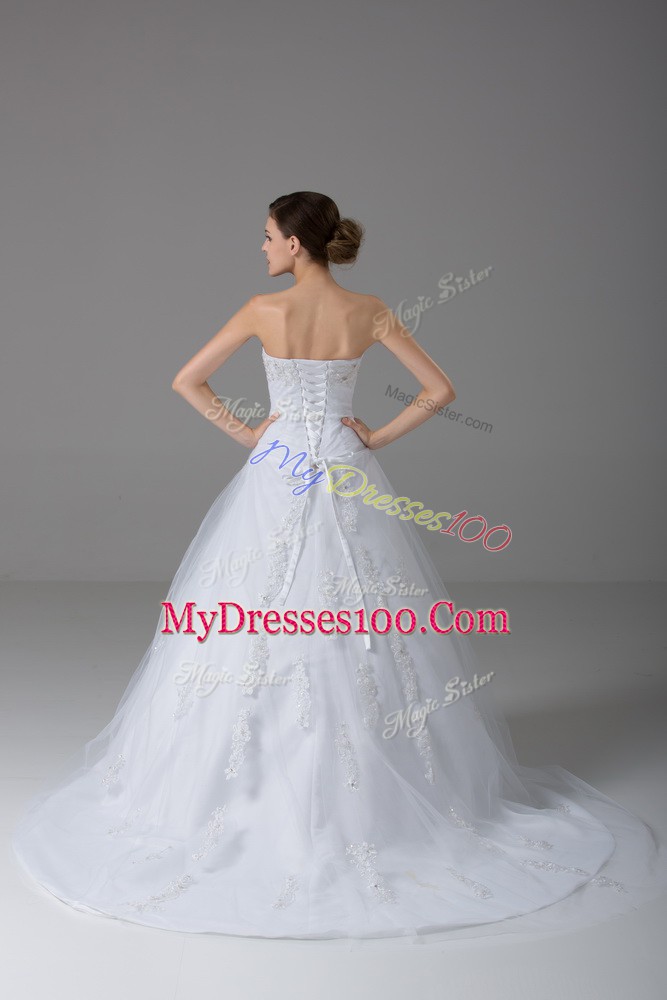 White Strapless Lace Up Beading and Lace Wedding Gowns Brush Train Sleeveless
