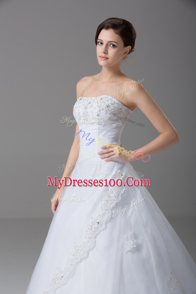White Strapless Lace Up Beading and Lace Wedding Gowns Brush Train Sleeveless