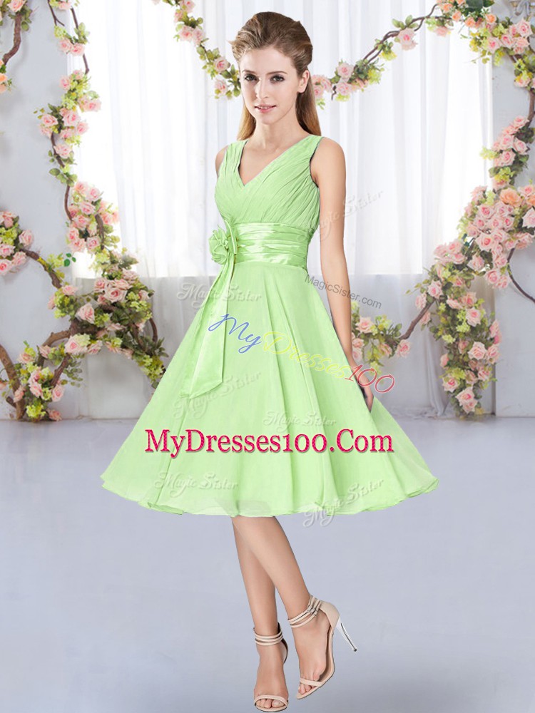 Yellow Green Empire Chiffon V-neck Sleeveless Hand Made Flower Knee Length Lace Up Wedding Guest Dresses