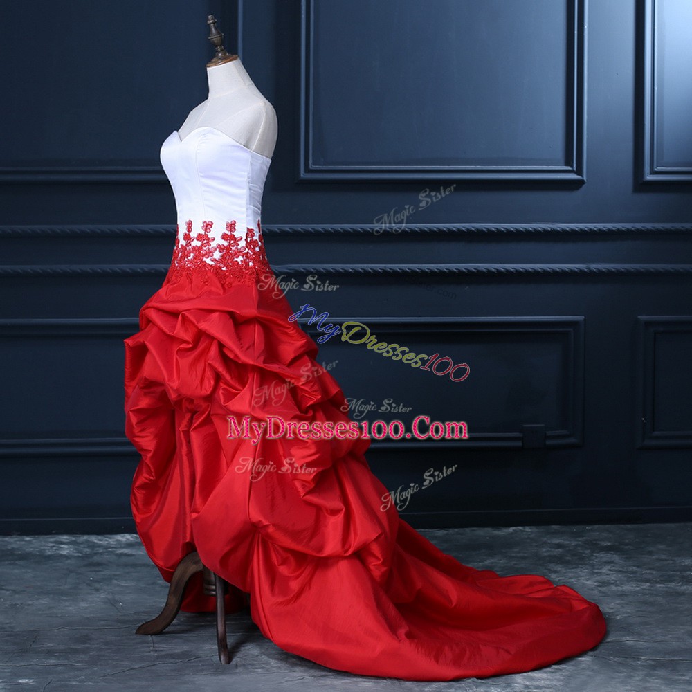 Suitable A-line Party Dress for Toddlers White And Red Sweetheart Taffeta Sleeveless High Low Lace Up