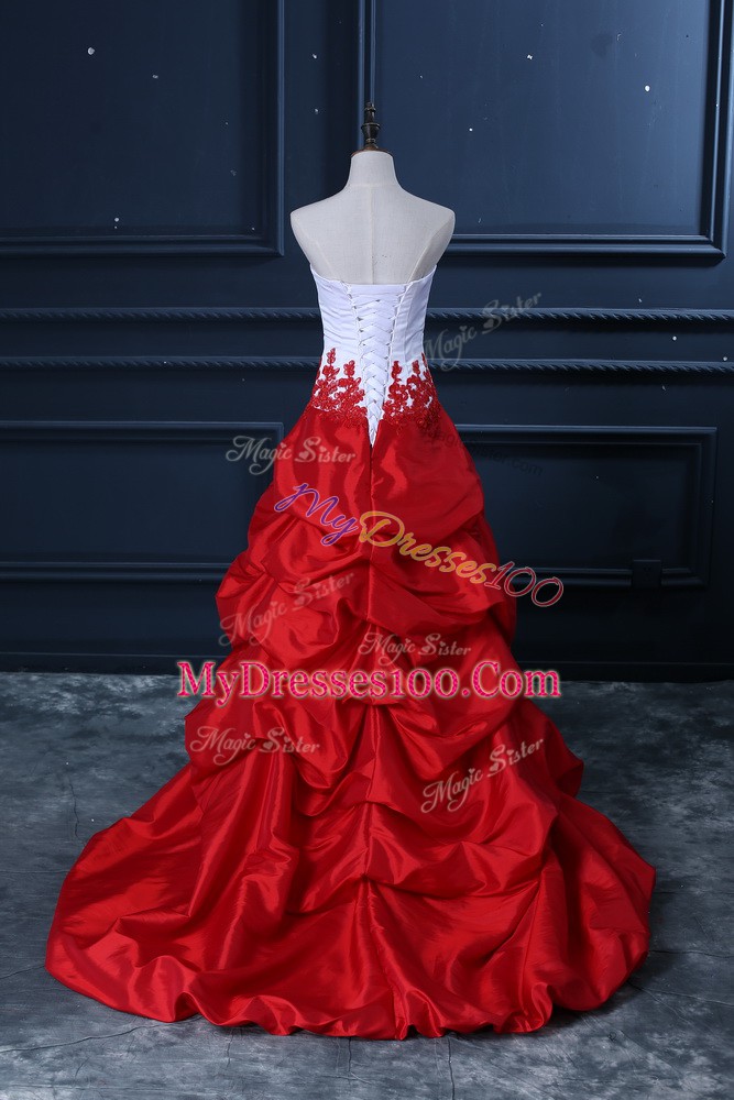 Suitable A-line Party Dress for Toddlers White And Red Sweetheart Taffeta Sleeveless High Low Lace Up