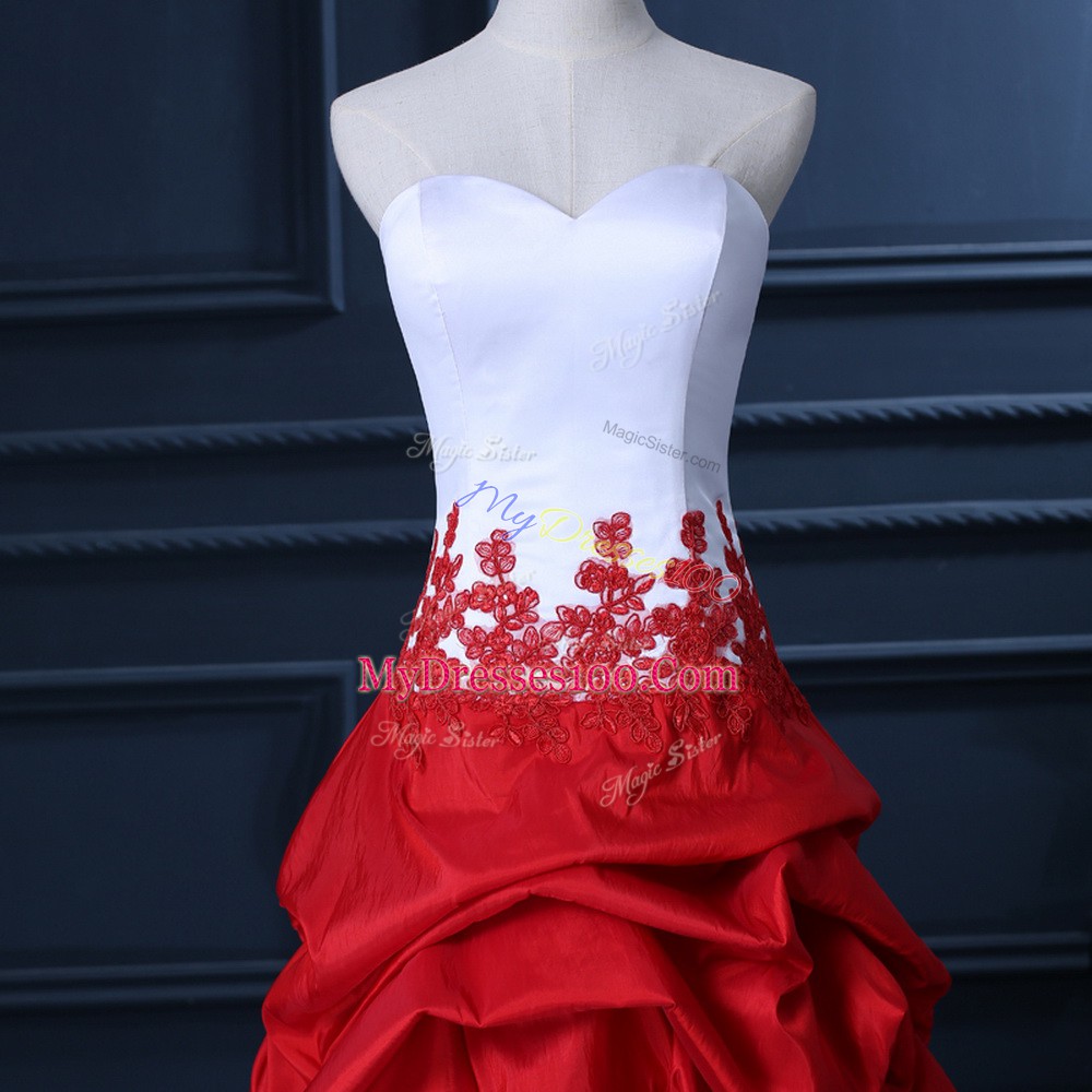 Suitable A-line Party Dress for Toddlers White And Red Sweetheart Taffeta Sleeveless High Low Lace Up