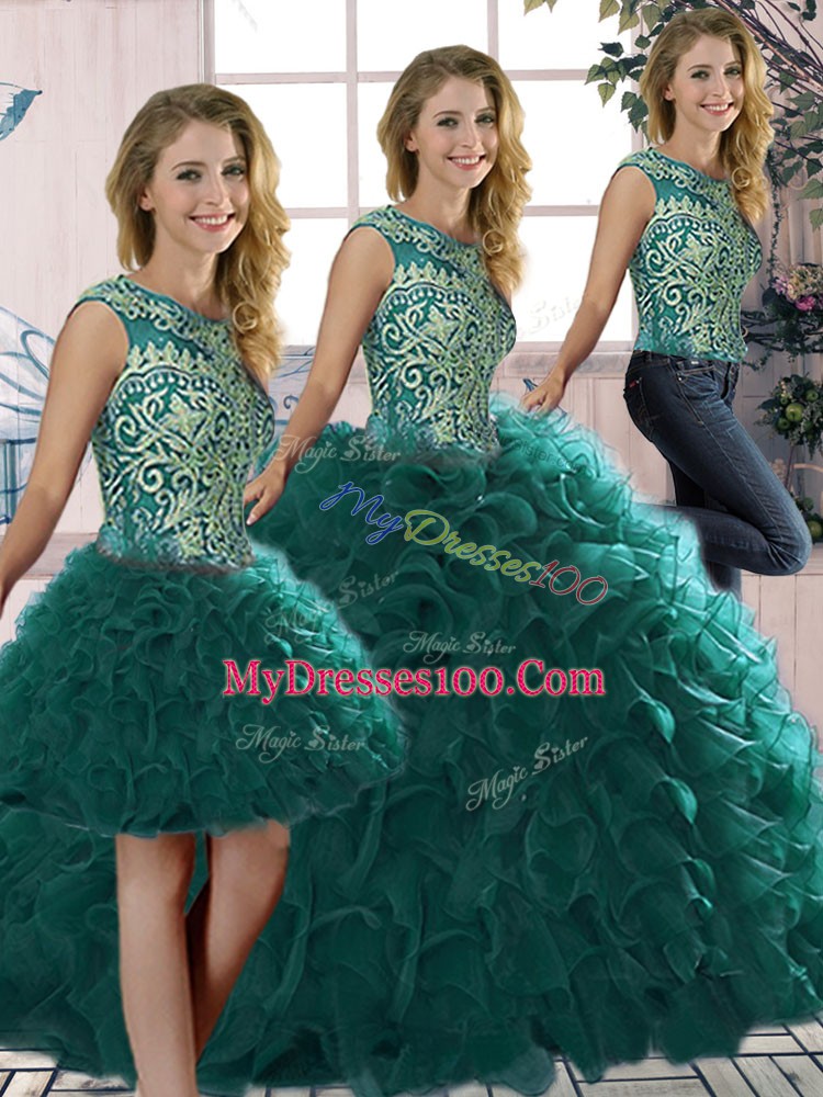 Scoop Sleeveless Vestidos de Quinceanera Floor Length Beading and Ruffles Peacock Green Organza