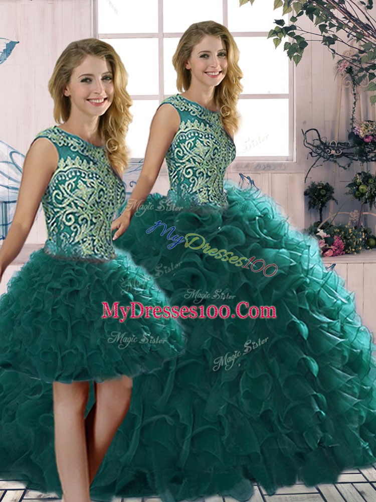 Scoop Sleeveless Vestidos de Quinceanera Floor Length Beading and Ruffles Peacock Green Organza