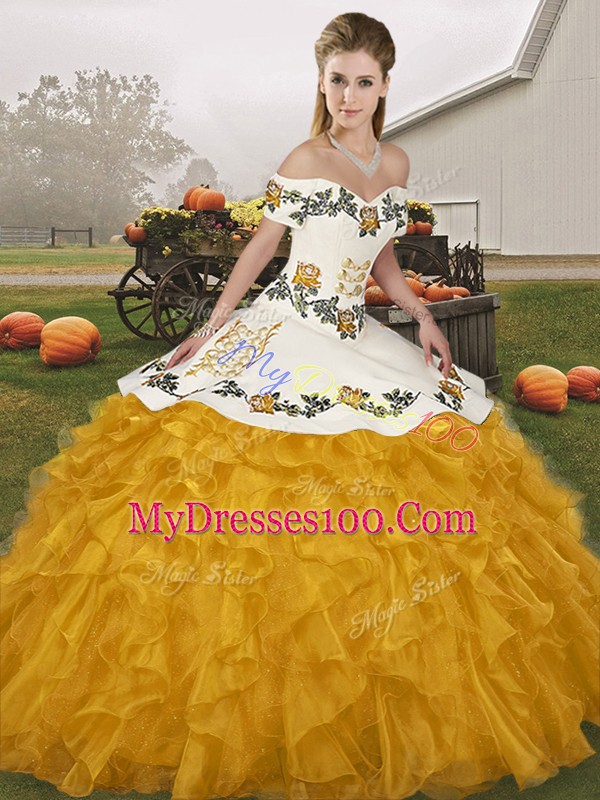Fantastic Off The Shoulder Sleeveless Organza Quinceanera Dresses Embroidery and Ruffles Lace Up