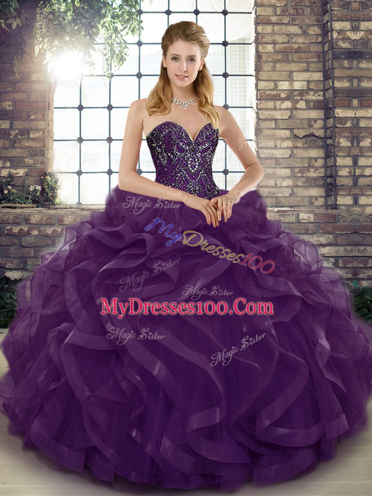 Charming Sleeveless Tulle Floor Length Lace Up Sweet 16 Dress in Dark Purple with Beading and Ruffles