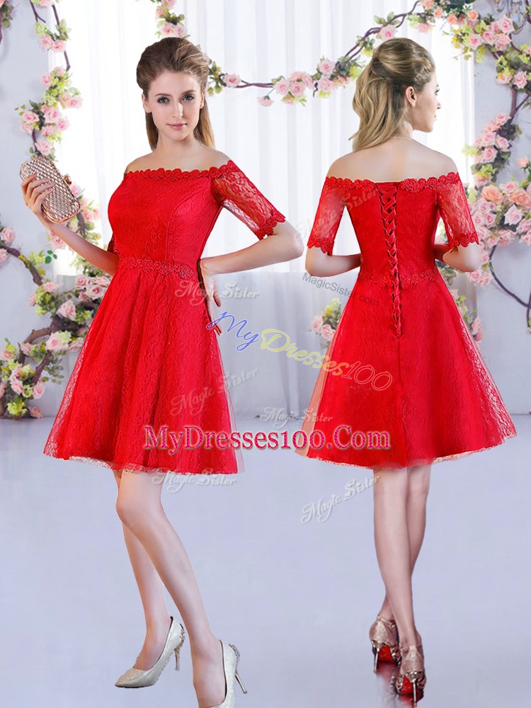 Red Off The Shoulder Lace Up Lace Quinceanera Court of Honor Dress Half Sleeves