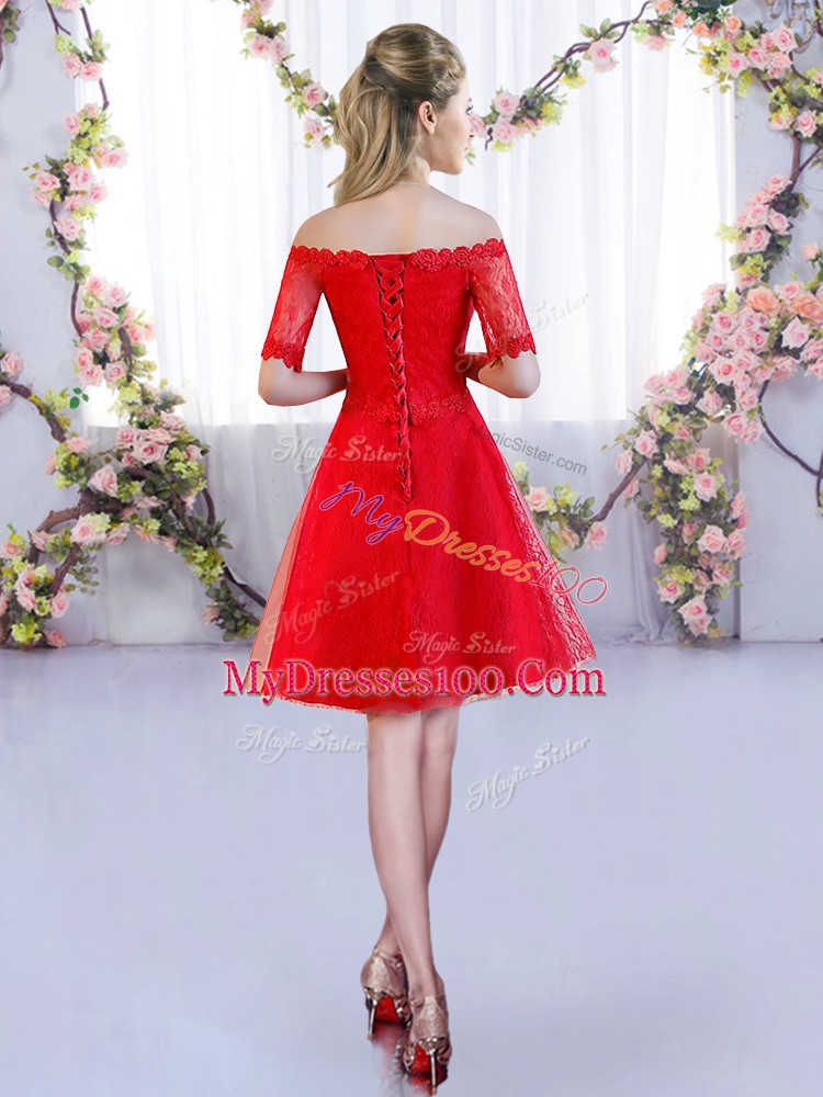 Red Off The Shoulder Lace Up Lace Quinceanera Court of Honor Dress Half Sleeves