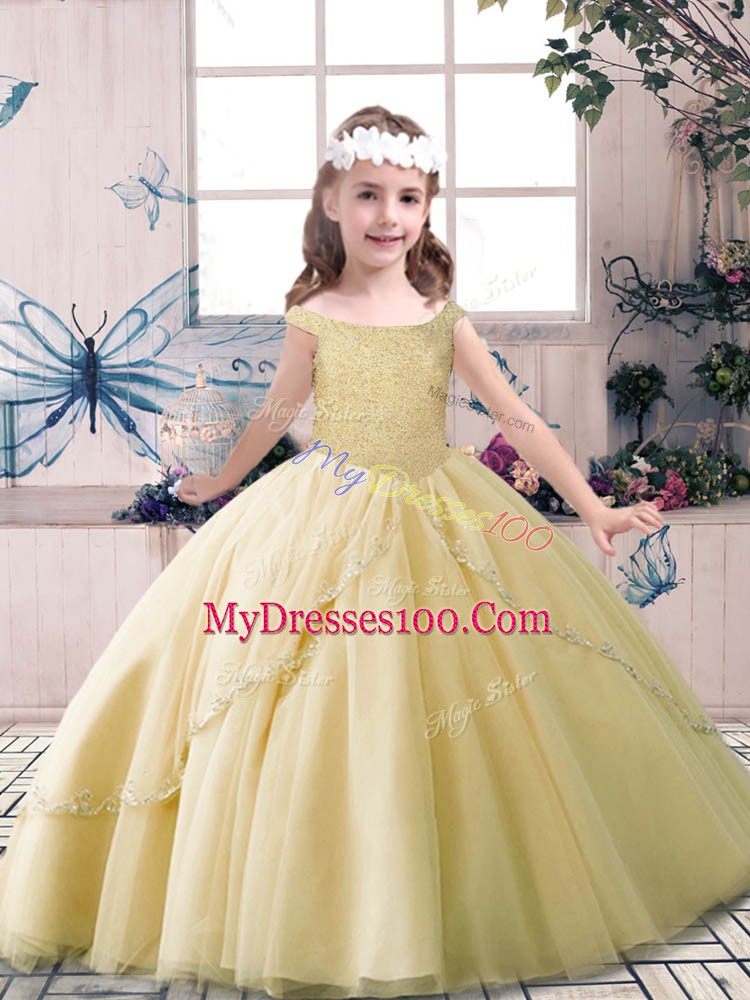 Champagne Sleeveless Beading Floor Length Little Girls Pageant Dress