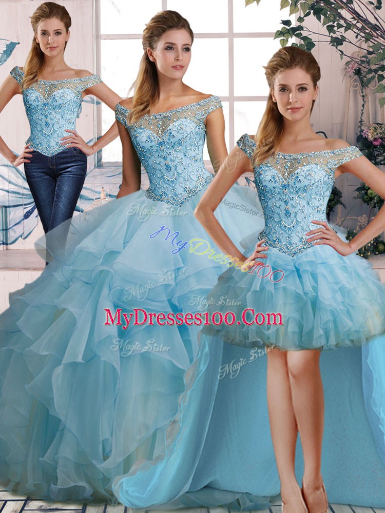 Latest Light Blue Organza Lace Up Off The Shoulder Sleeveless Floor Length Quince Ball Gowns Beading and Ruffles