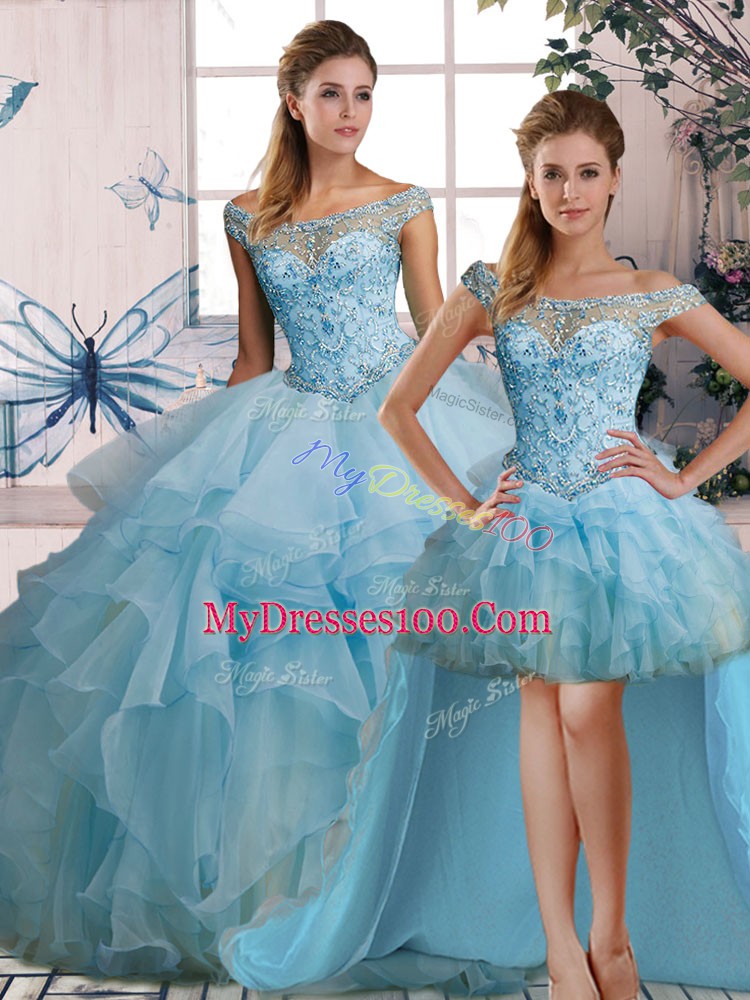 Latest Light Blue Organza Lace Up Off The Shoulder Sleeveless Floor Length Quince Ball Gowns Beading and Ruffles