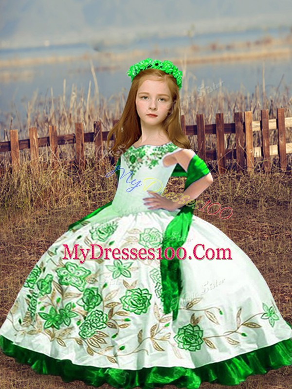 Excellent Floor Length White Girls Pageant Dresses Off The Shoulder Sleeveless Lace Up