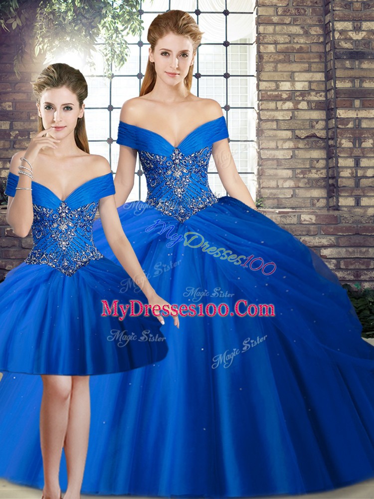 Noble Royal Blue Three Pieces Off The Shoulder Sleeveless Tulle Brush Train Lace Up Beading and Pick Ups Quinceanera Dress