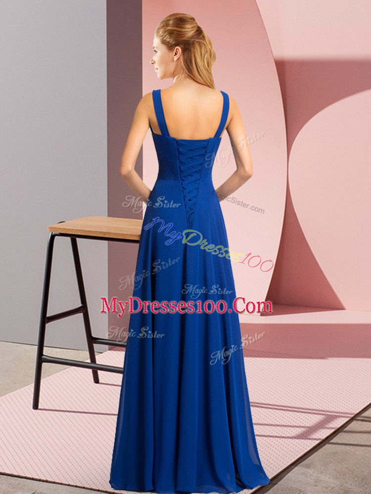 V-neck Sleeveless Floor Length Beading Olive Green Chiffon