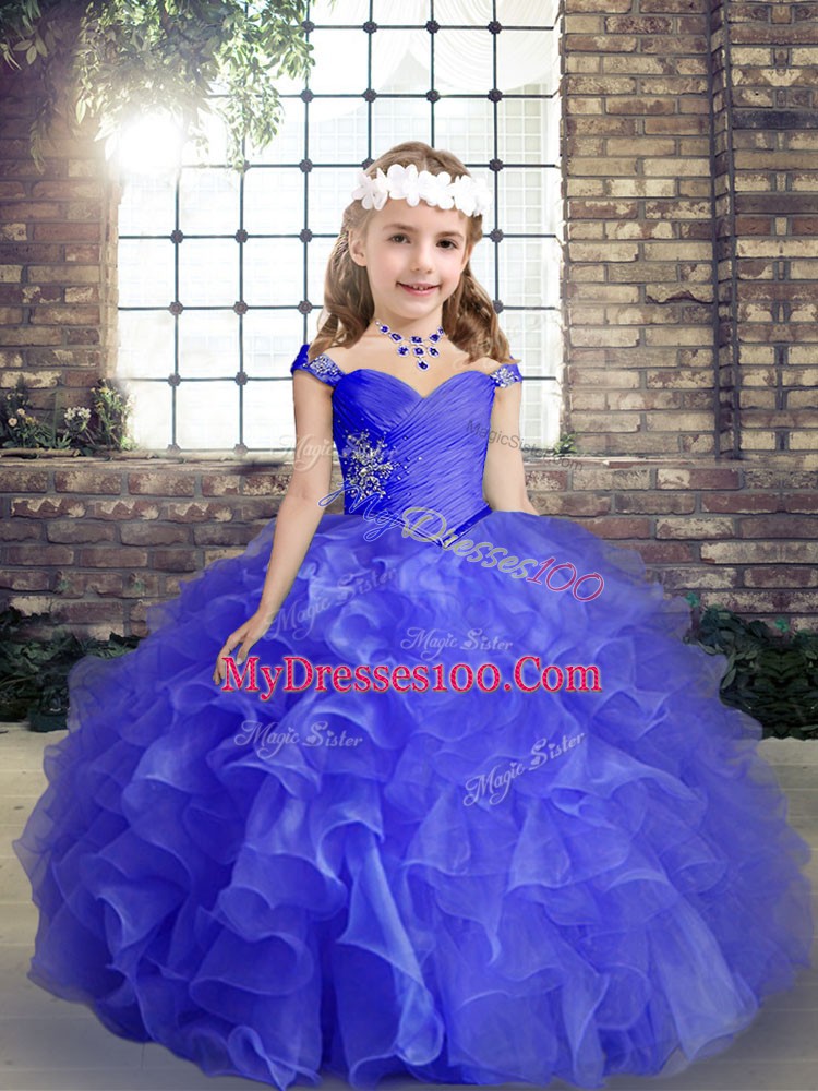Pretty Floor Length Lace Up Little Girls Pageant Gowns Blue for Party and Wedding Party with Beading and Ruffles and Ruching