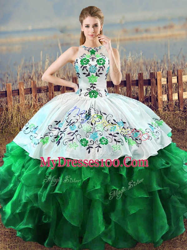 Sleeveless Organza Floor Length Lace Up Ball Gown Prom Dress in Green with Embroidery and Ruffles