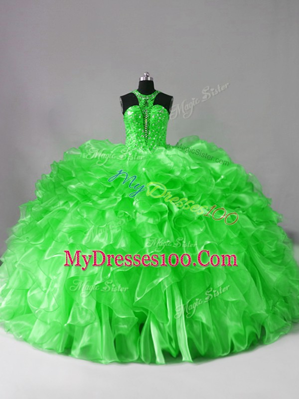 Elegant Brush Train Ball Gowns Sweet 16 Dress Halter Top Organza Sleeveless Lace Up