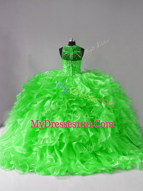 Elegant Brush Train Ball Gowns Sweet 16 Dress Halter Top Organza Sleeveless Lace Up