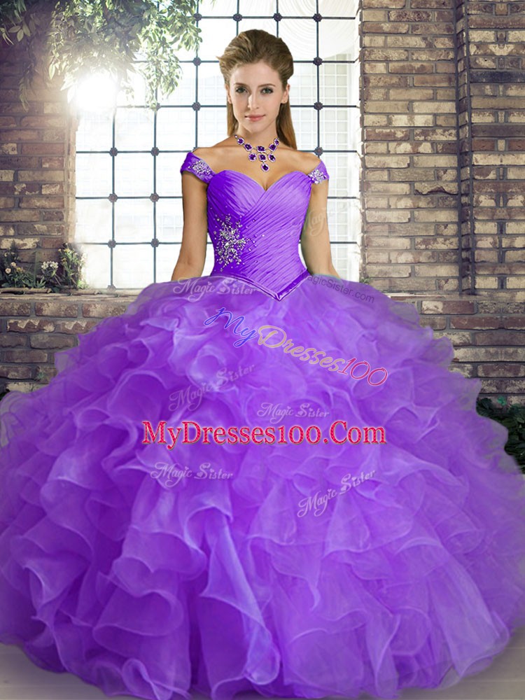 Best Selling Sleeveless Floor Length Beading and Ruffles Lace Up 15th Birthday Dress with Lavender