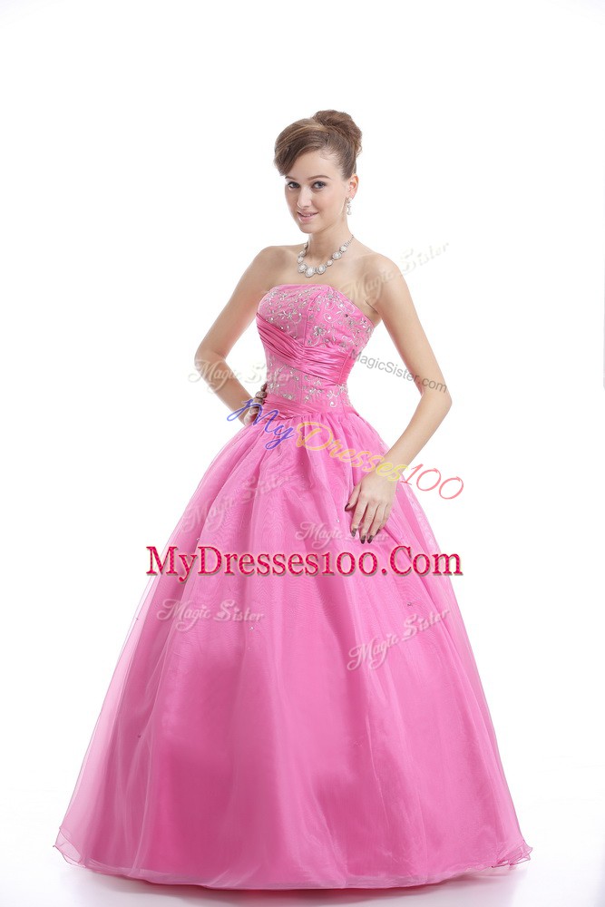 Rose Pink Organza Lace Up Quinceanera Dresses Sleeveless Floor Length Embroidery