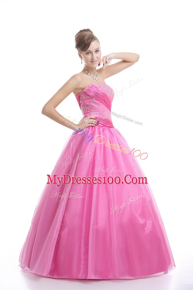 Rose Pink Organza Lace Up Quinceanera Dresses Sleeveless Floor Length Embroidery