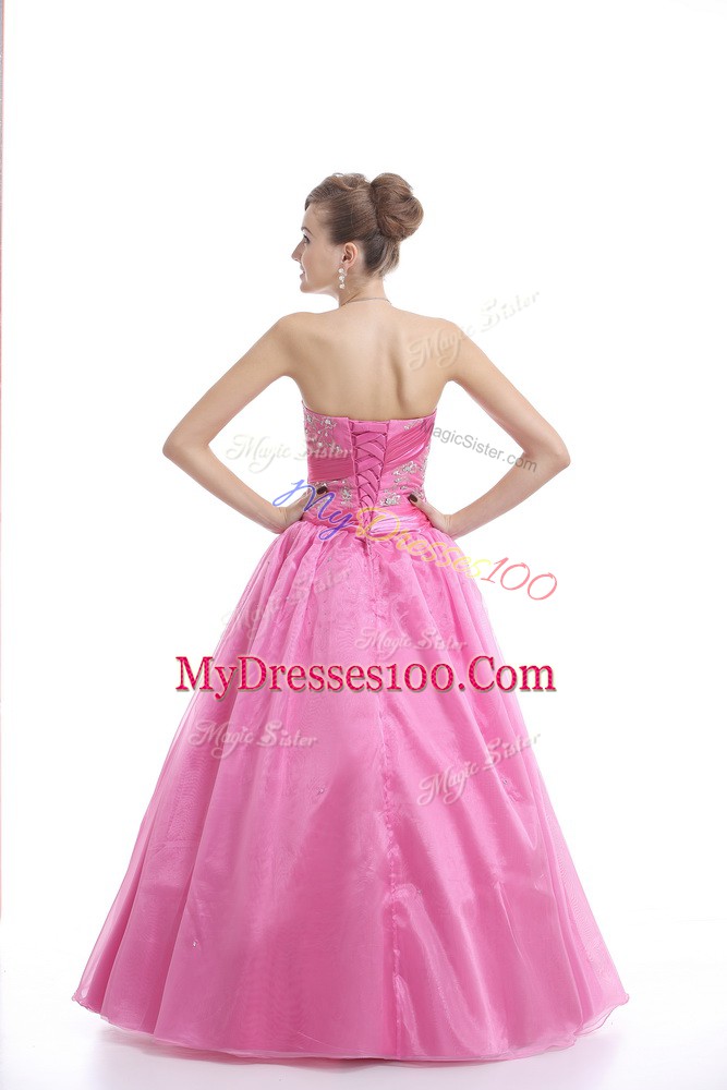 Rose Pink Organza Lace Up Quinceanera Dresses Sleeveless Floor Length Embroidery