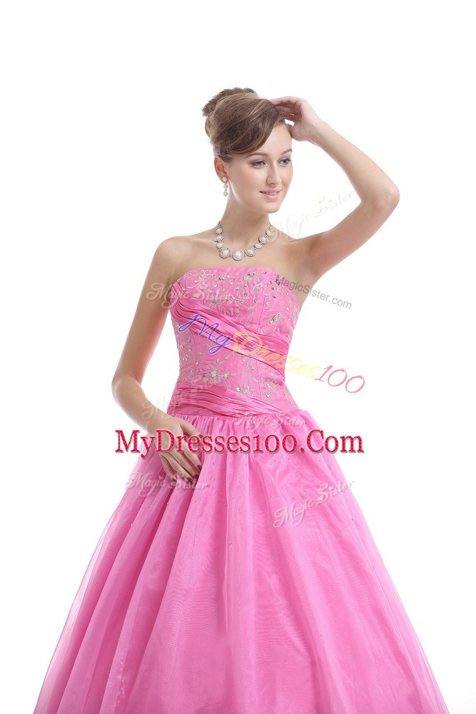 Rose Pink Organza Lace Up Quinceanera Dresses Sleeveless Floor Length Embroidery