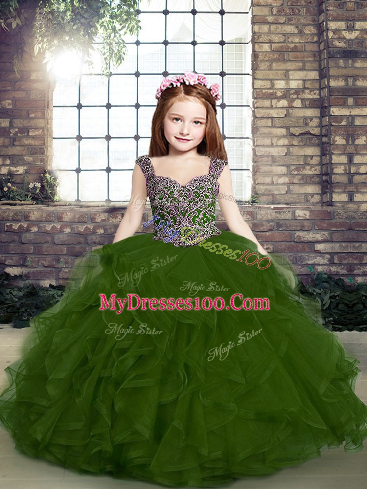 Trendy Olive Green Sleeveless Floor Length Beading and Ruffles Side Zipper Pageant Dress Womens