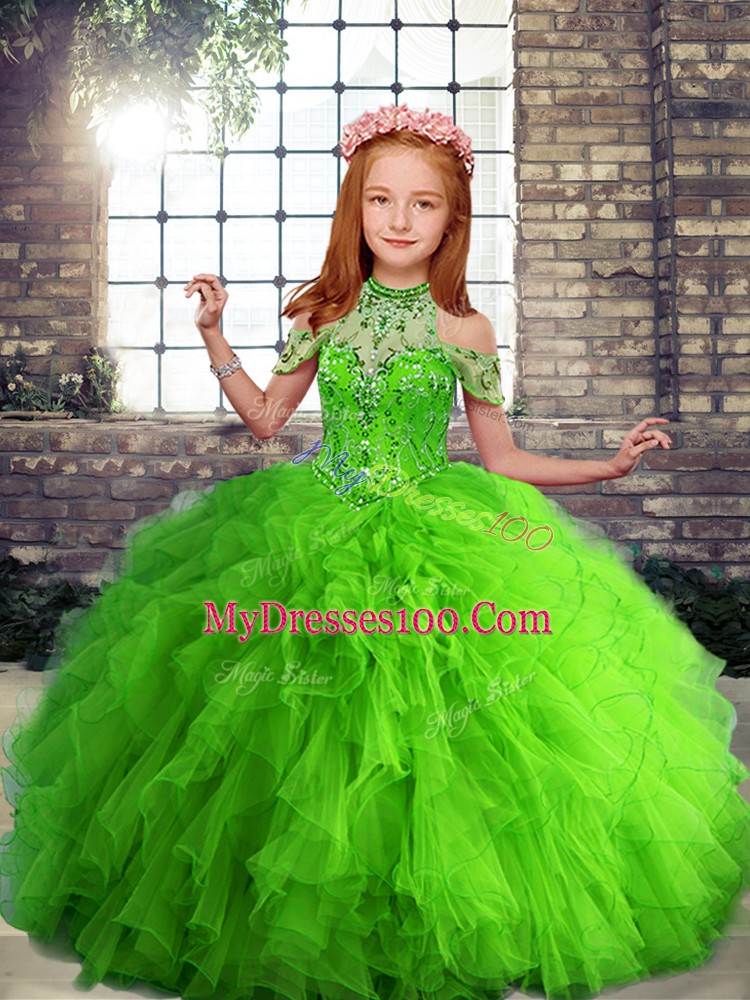 Tulle Lace Up Little Girl Pageant Dress Sleeveless Floor Length Beading and Ruffles