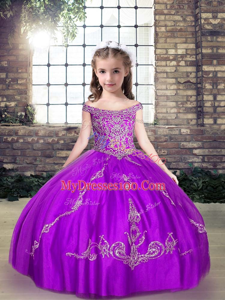 Dramatic Purple Sleeveless Beading Floor Length Kids Formal Wear