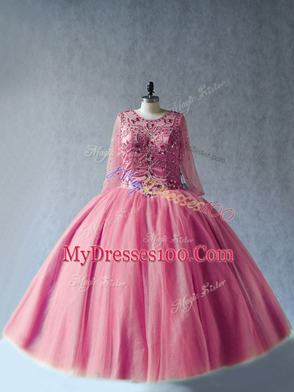 Pink Ball Gowns Tulle Scoop Long Sleeves Beading Floor Length Lace Up Sweet 16 Quinceanera Dress
