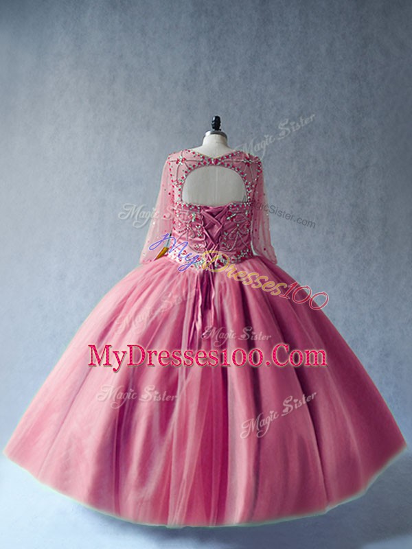 Pink Ball Gowns Tulle Scoop Long Sleeves Beading Floor Length Lace Up Sweet 16 Quinceanera Dress