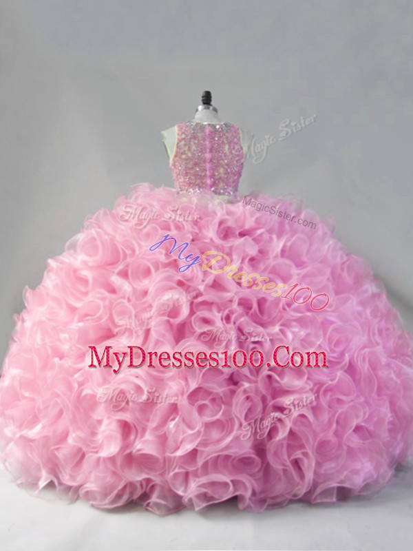 Scoop Sleeveless Zipper 15 Quinceanera Dress Pink Fabric With Rolling Flowers