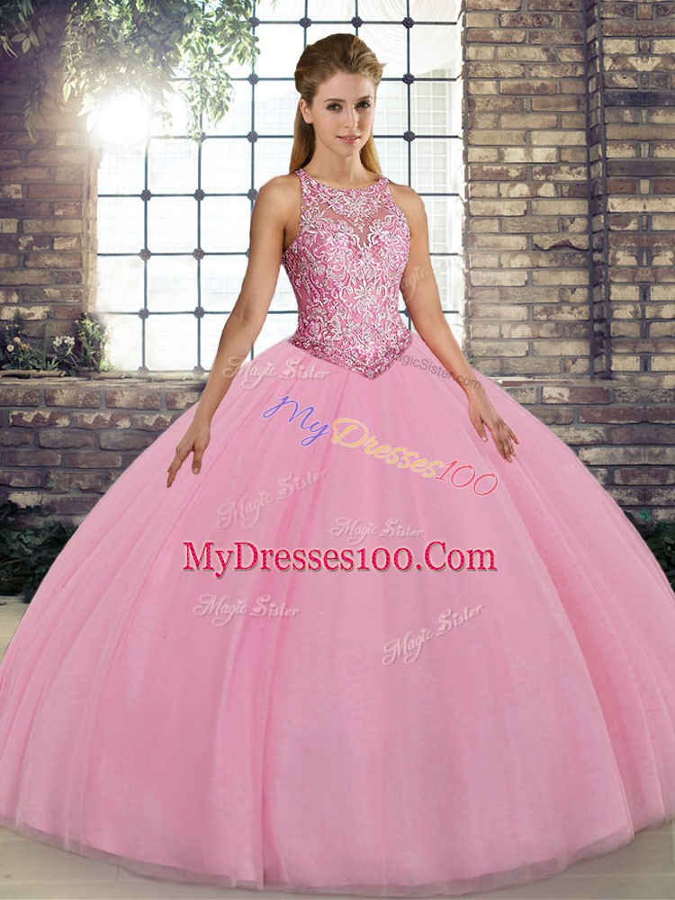 Glittering Sleeveless Floor Length Embroidery Lace Up Quinceanera Dresses with Pink