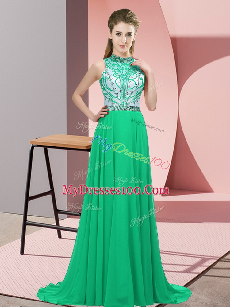 Dramatic Turquoise Sleeveless Brush Train Beading Evening Dress