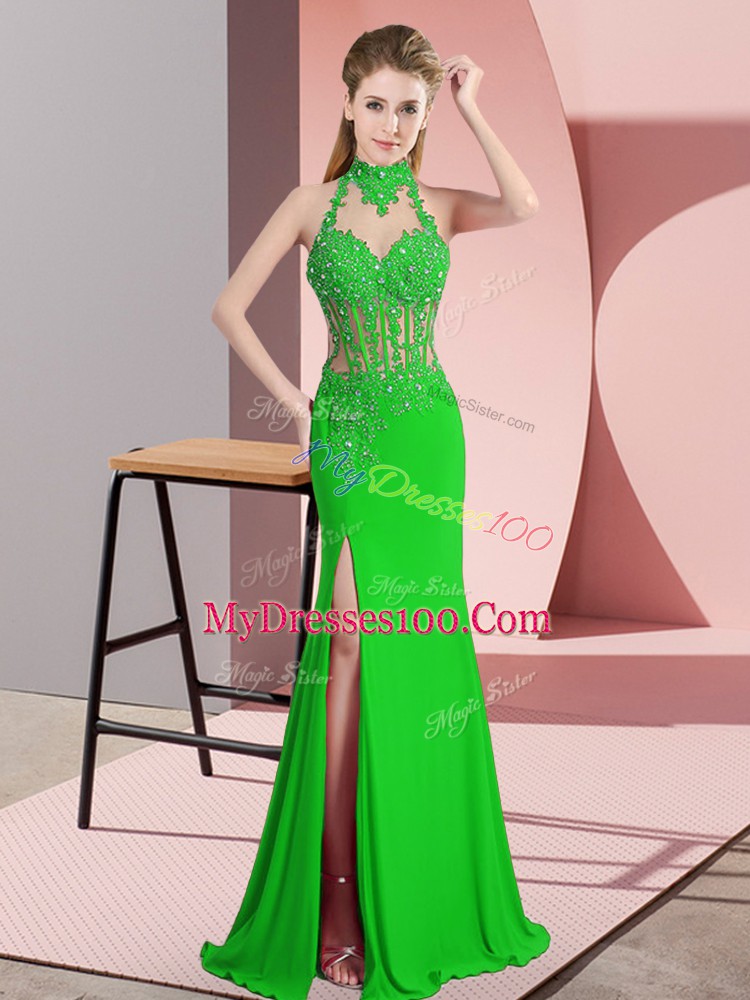 Green Backless Halter Top Lace and Appliques Chiffon Sleeveless